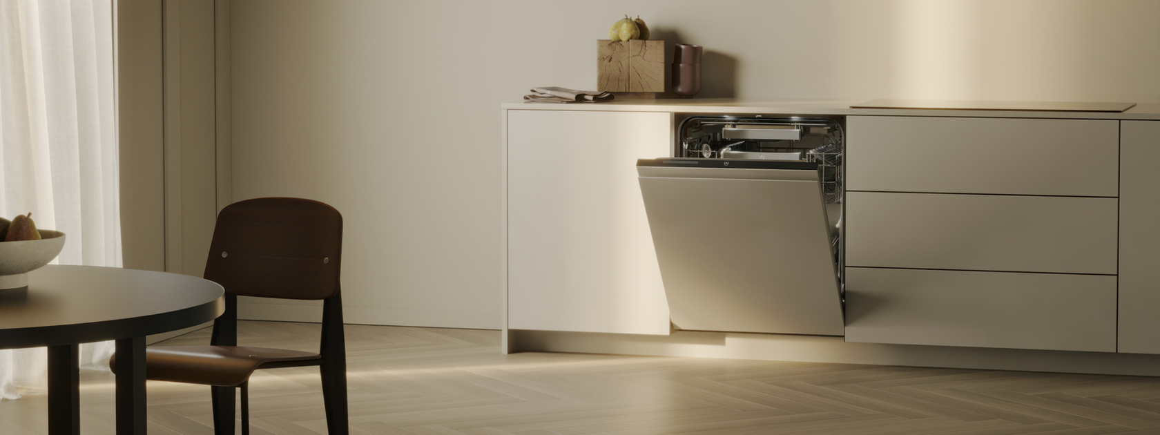 Modern dishwasher in a minimalist kitchen with warm light and stylish design.