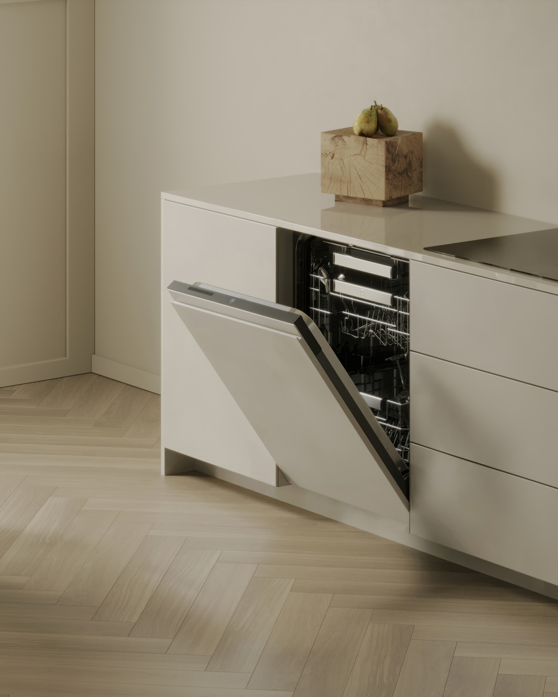 Moderner Geschirrspüler in einer minimalistischen Küche mit hellem Holzfußboden und eleganter Einrichtung.