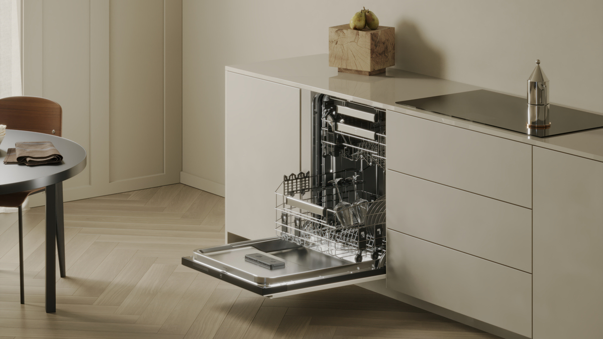 Modern dishwasher in a minimalist kitchen with an open dish rack.