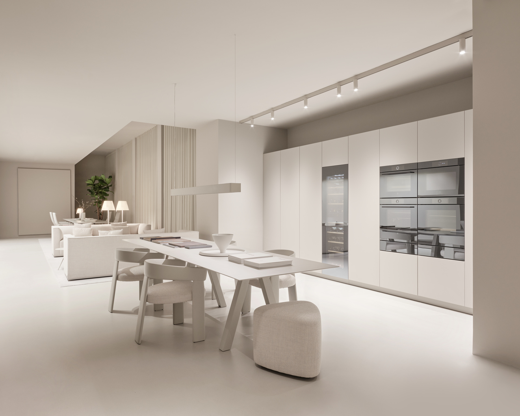 Modern kitchen with built-in appliances such as ovens and wine cabinet in a minimalist design