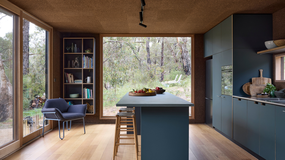 Modern kitchen with large windows and central island in a natural setting