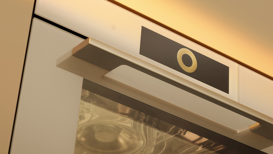 Close-up of an oven with a stylish handle and clear lines.