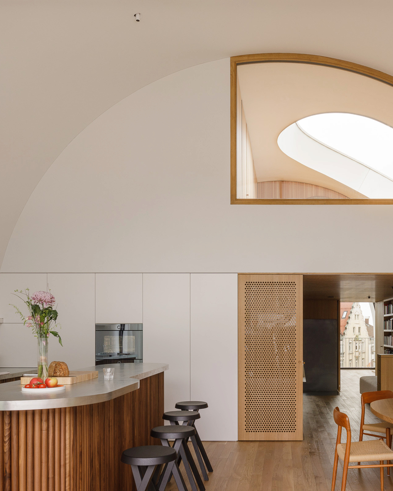 Moderne Küche mit Holzverkleidung, geschwungenem Deckenfenster und stilvollen Möbeln