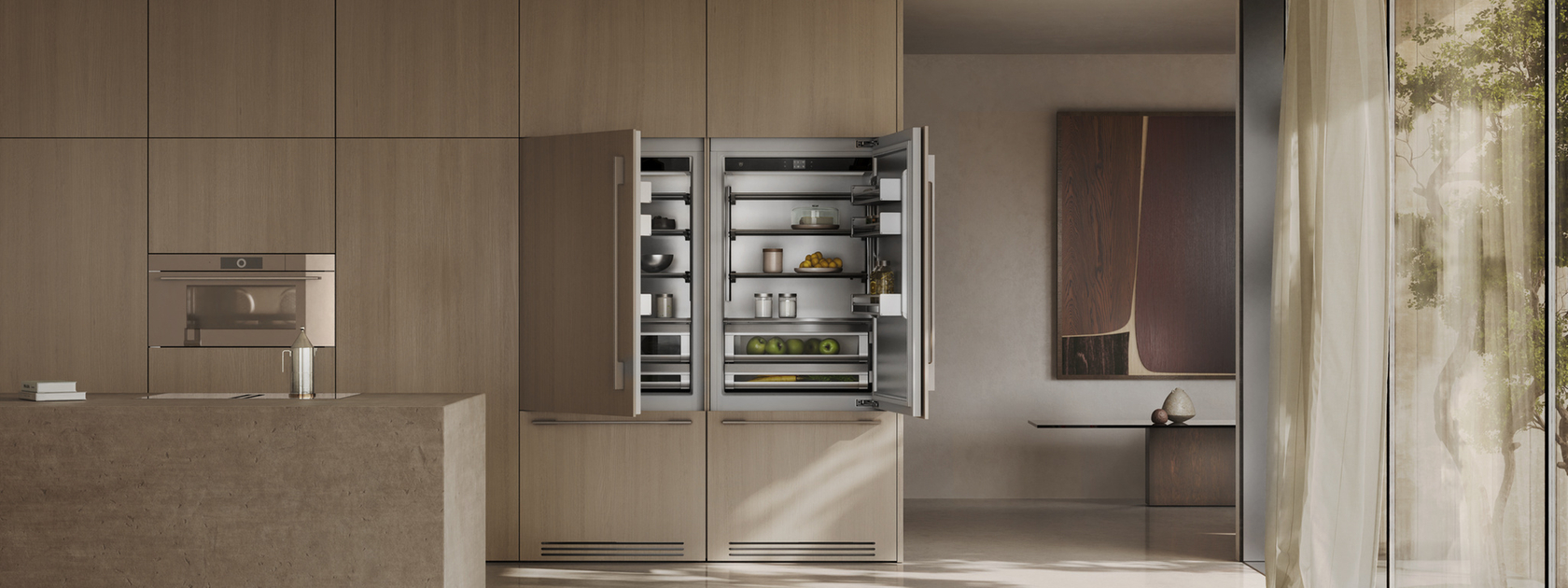 Modern kitchen with open fridge and integrated oven in an elegant design.