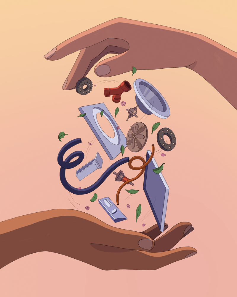 Floating spare parts between two hands, depicting precision and sustainability.