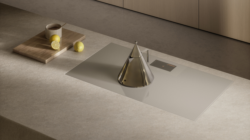 Piano cottura moderno dal design minimalista con teiera sul piano di lavoro