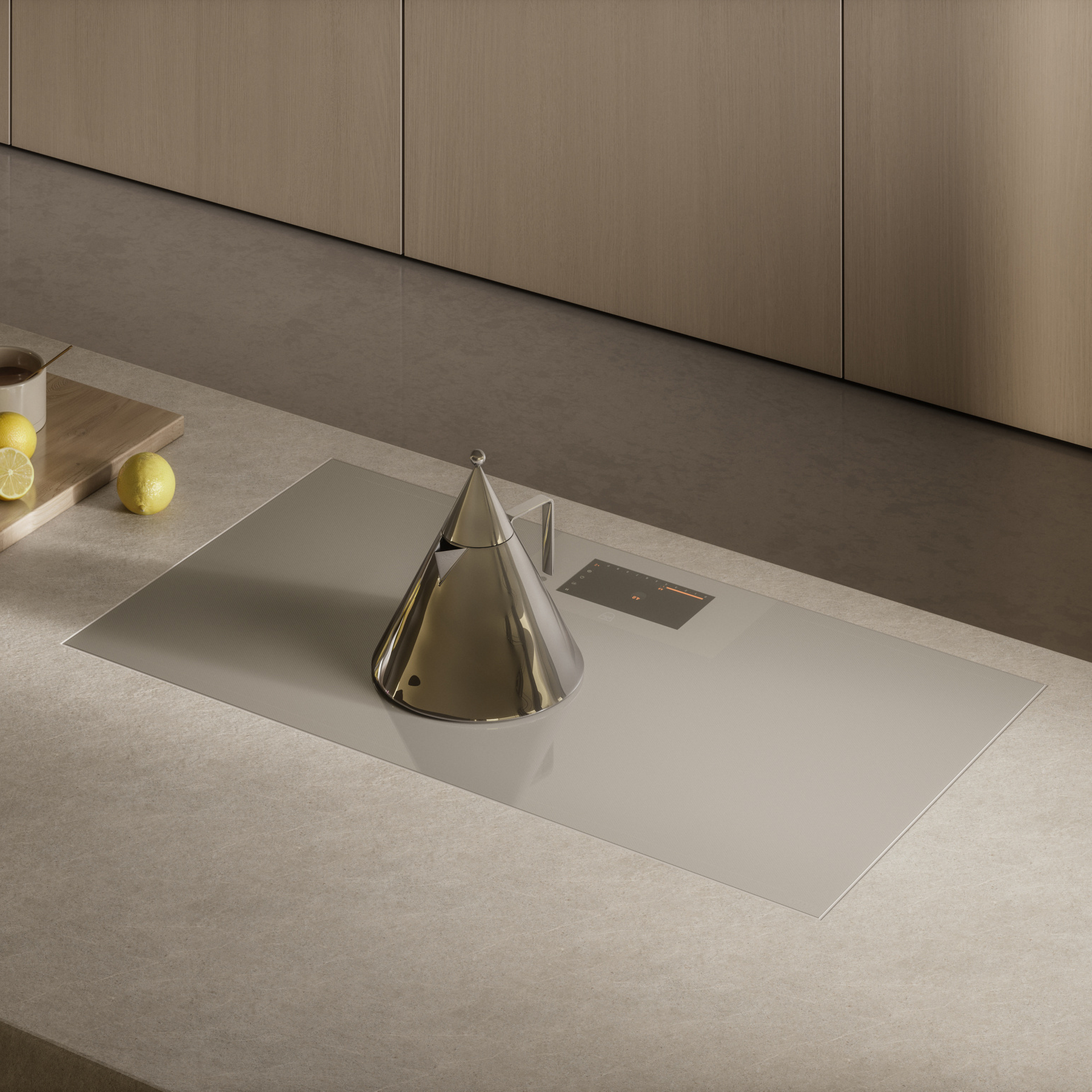 Table de cuisson moderne au design minimaliste avec une théière sur le plan de travail