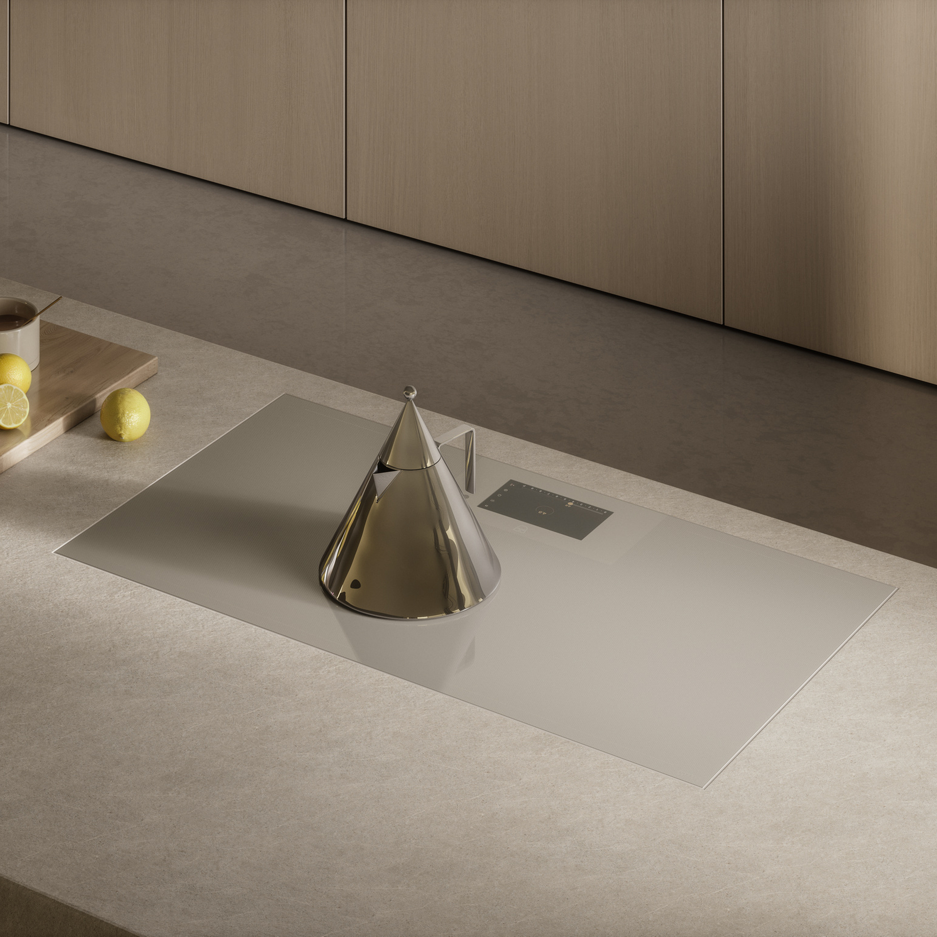 Modern cooktop with minimalist design and a teapot on the worktop