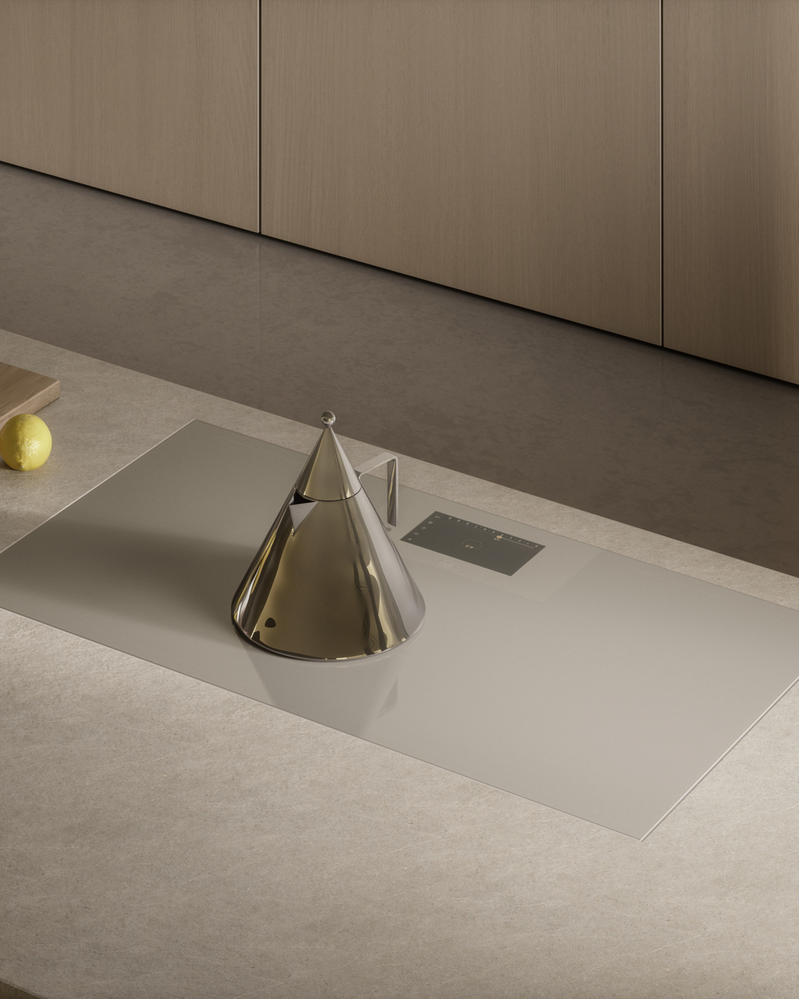 Modern cooktop with minimalist design and a teapot on the worktop
