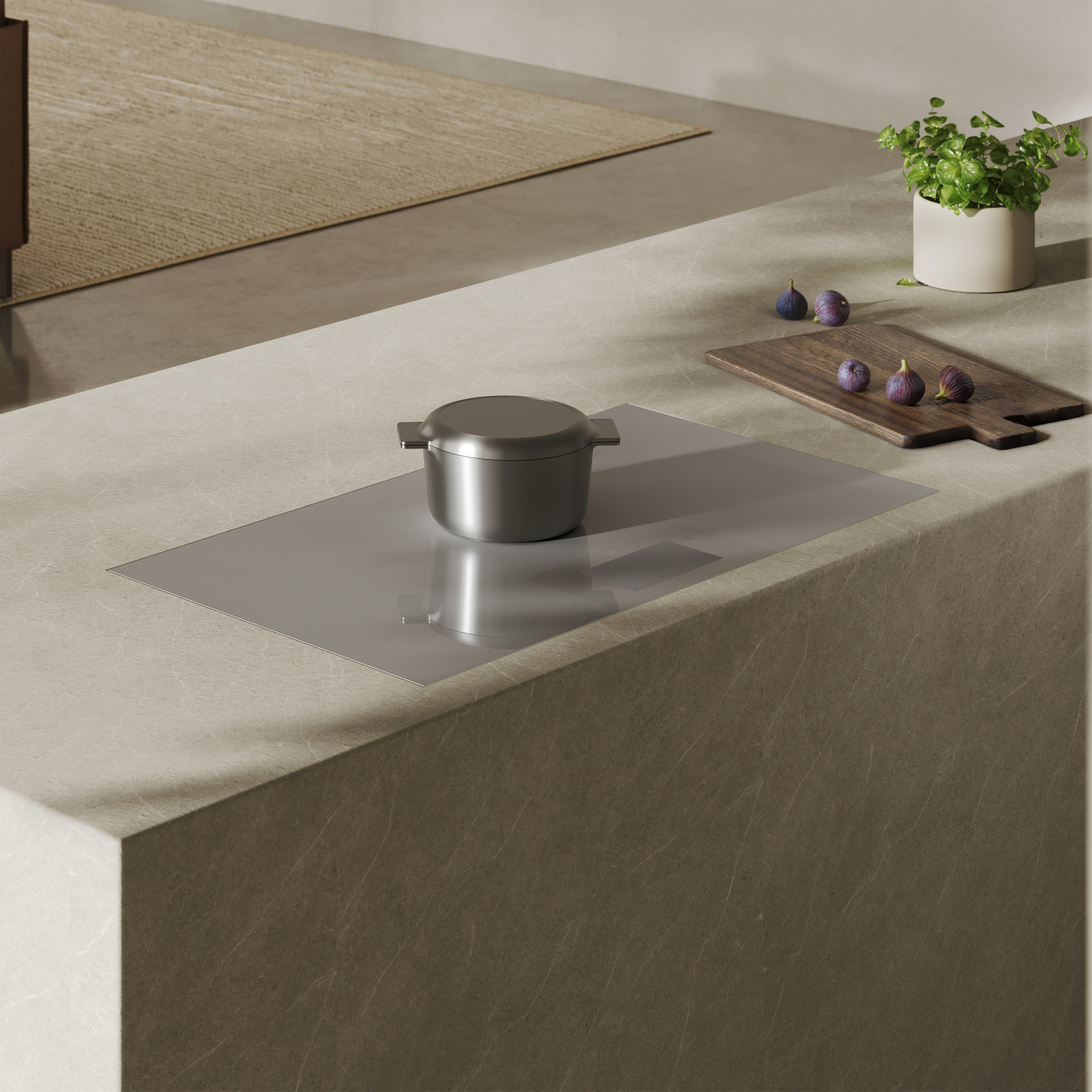 Table de cuisson moderne avec casserole et figues sur un plan de travail de cuisine