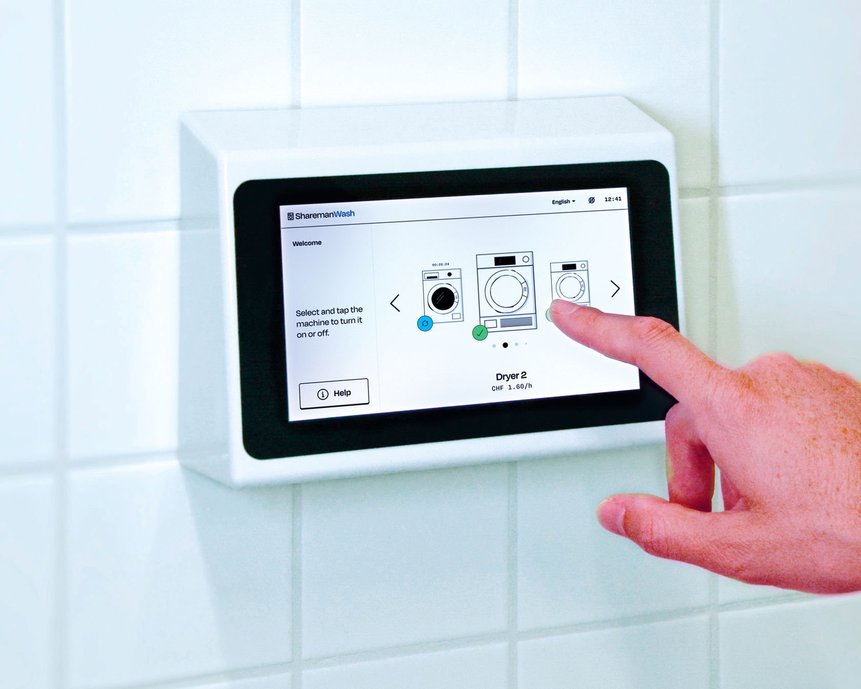 Touchscreen display for operating washing machines and dryers with one hand.