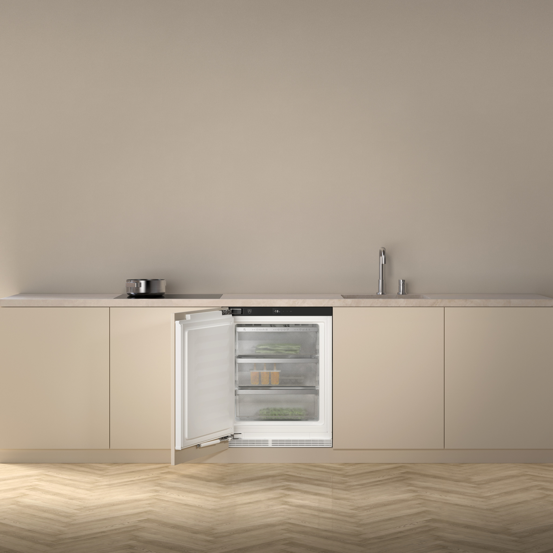 A modern built-in refrigerator in a minimalist kitchen with an open door.