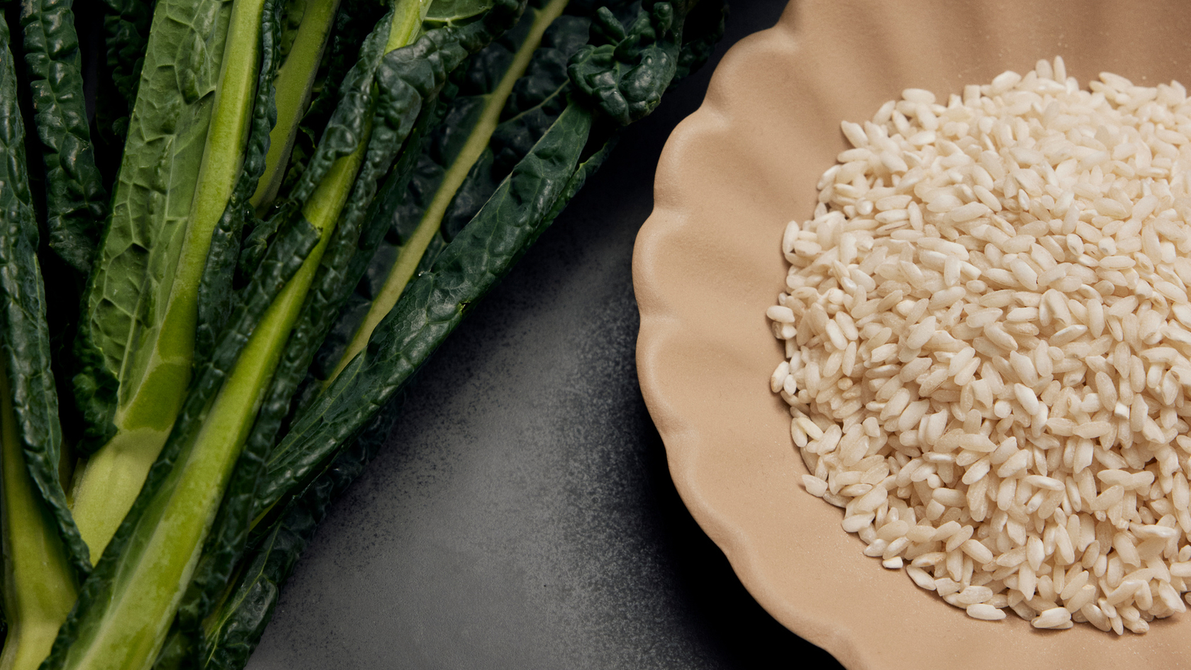Kale and rice on a plate, perfect for healthy recipes and stylish cuisine.