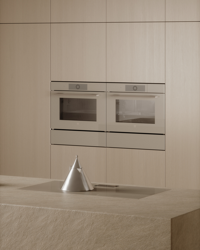 Moderne Küche mit eingebauten Backöfen in heller Holzverkleidung