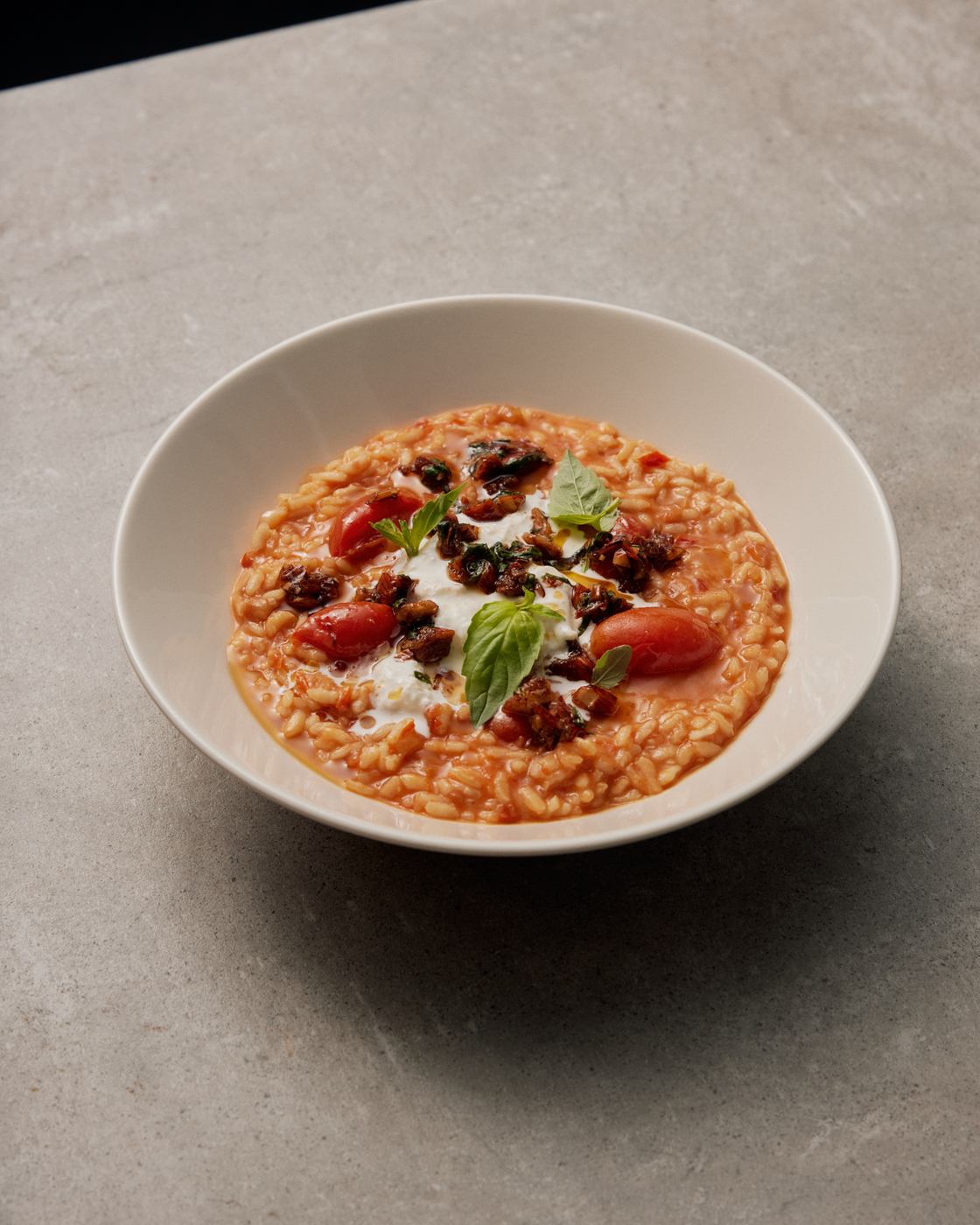 Risotto mit Tomaten und Basilikum in einer weißen Schale auf grauem Hintergrund