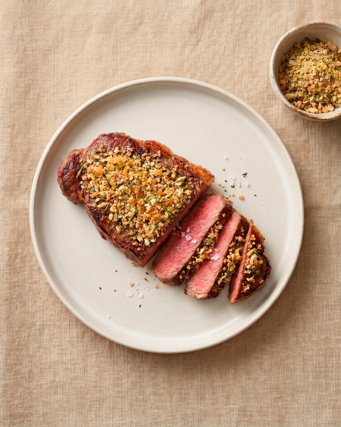 Steak with herb crust on a plate with herb mix as a side dish.