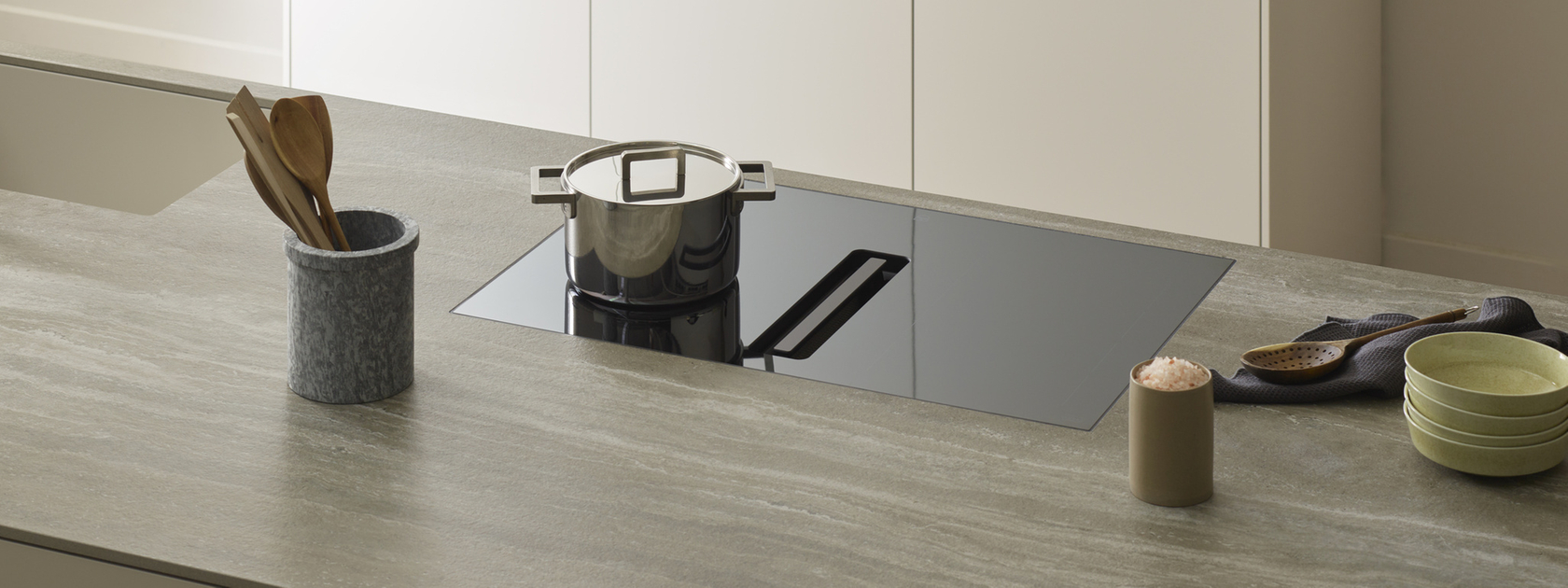 Hob with integrated extractor fan in a modern kitchen